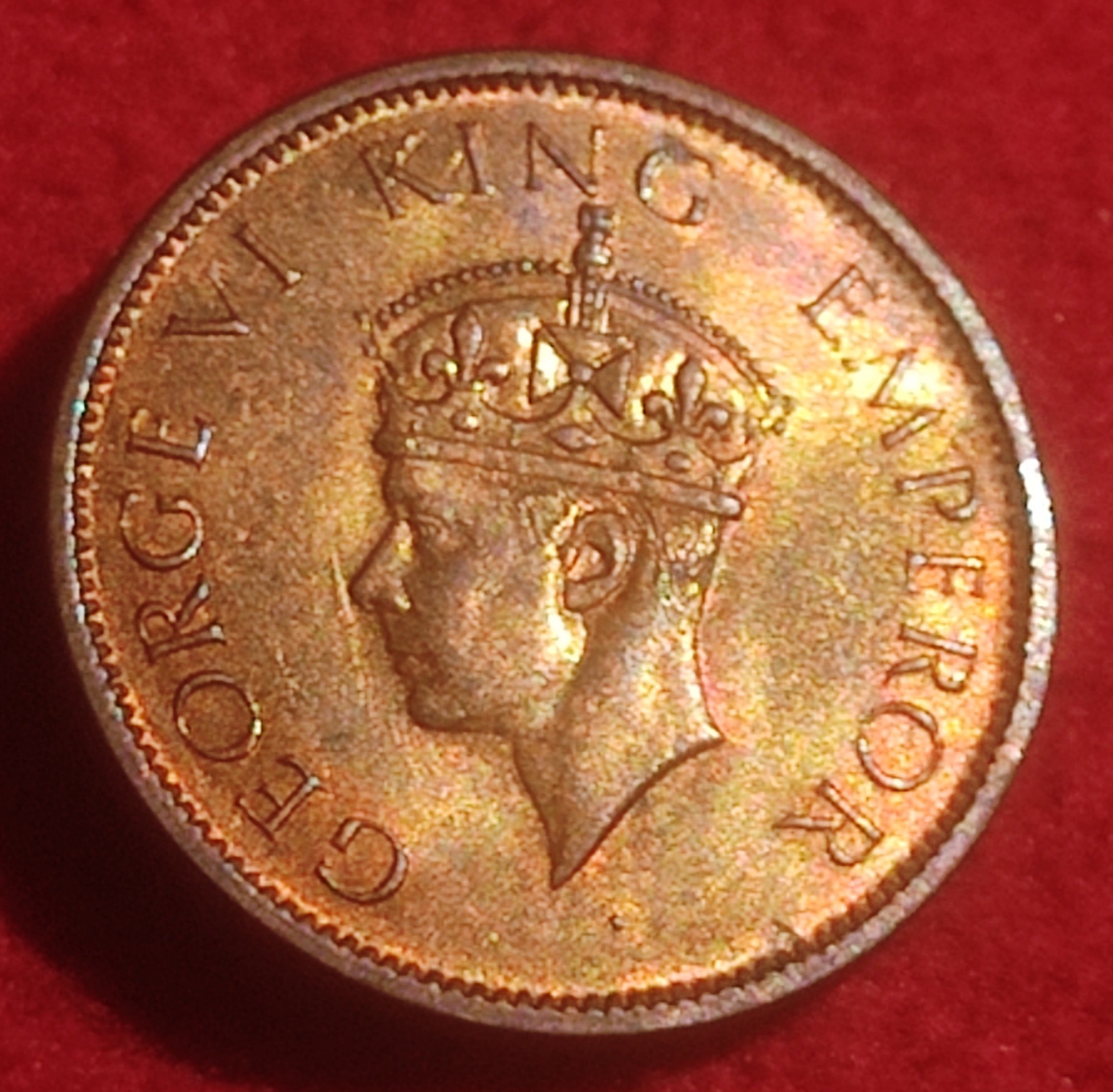BRONZE ONE QUARTER ANNA COIN KING GEORGE V I CALCUTTA MINT 1942 - Image 2