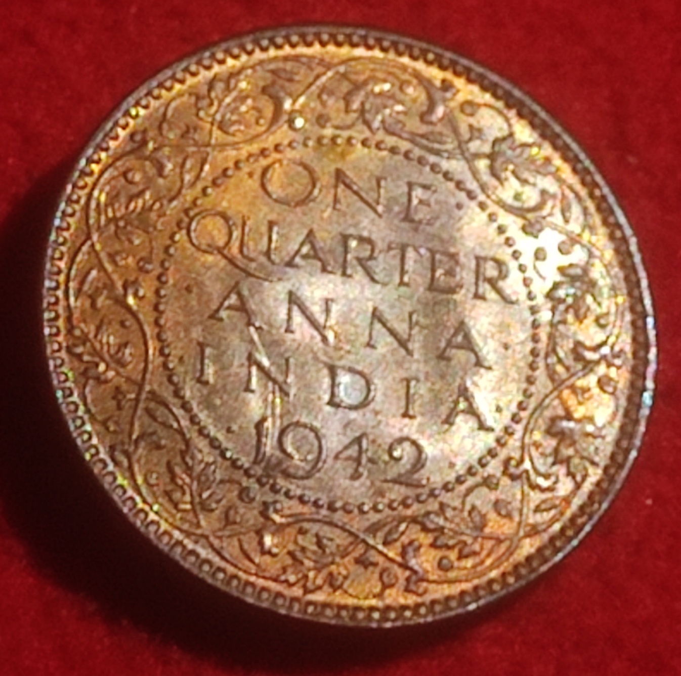 BRONZE ONE QUARTER ANNA COIN KING GEORGE V I CALCUTTA MINT 1942