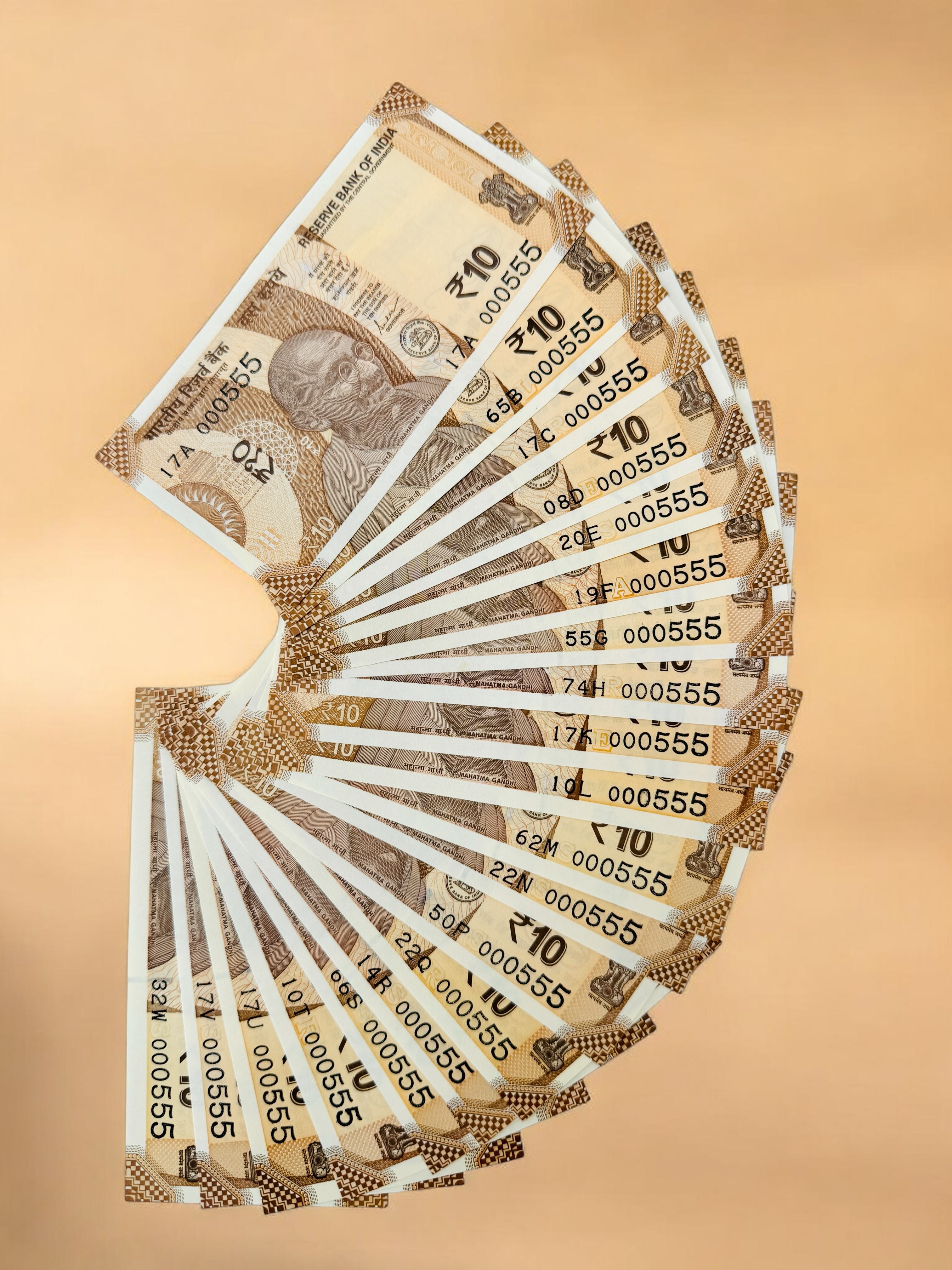 Rs 10 India Banknote Set 000555 Gem Unc Unique and Rare 20 Note Complete Alphabet Set Gem Unc