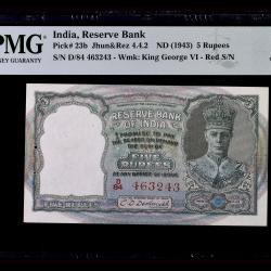 Rs 5 British India Pmg Graded 65 Epq King George VI Front Face 3 Deer Signed By C D Deshmukh Red Serial Unique and Rare