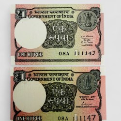 Re 1 India Banknote Twin Pair Set Both Telescope and Small Numbers Identical Only Sign Different Unc Unique and Rare