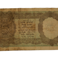 Alternative view of BRITISH INDIA 5 Rupees King GEORGE-VI Sign J.B TAYLOR **RARE** Collectable Grade little torn.