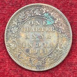 India - British ¼ Anna 1911 (Rare Date) - George V Rare Coin # E-235