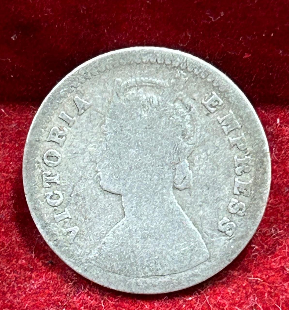 India - British 2 Annas 1888 - Victoria Rare Silver Coin # E-242