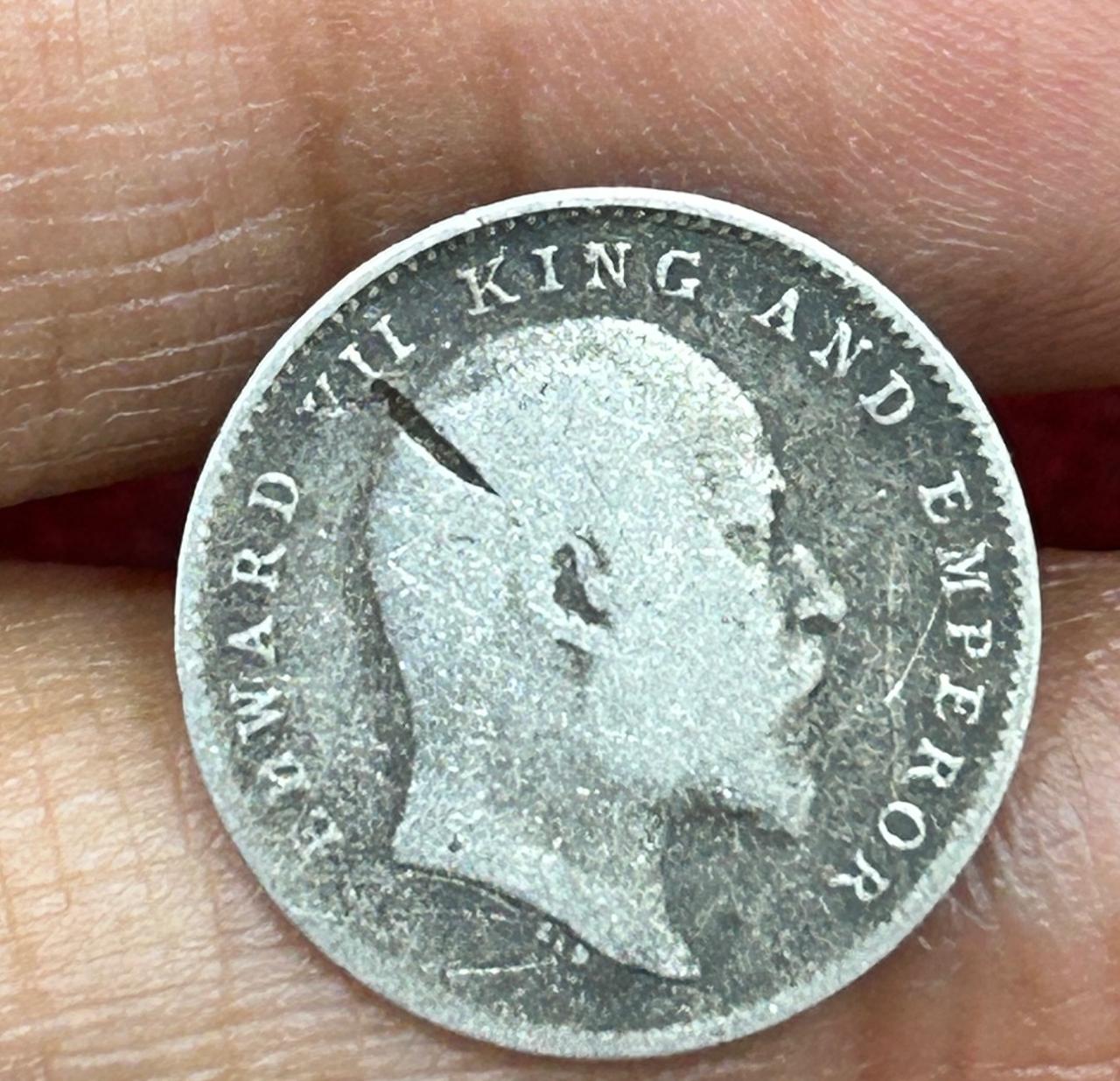 British-India 2 Annas 1908 - (Edward VII) Rare Silver Coin #E-264