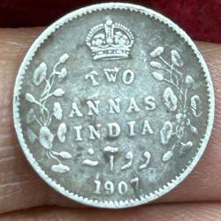 British-India 2 Annas 1907 - (Edward VII) Rare Silver Coin #E-266
