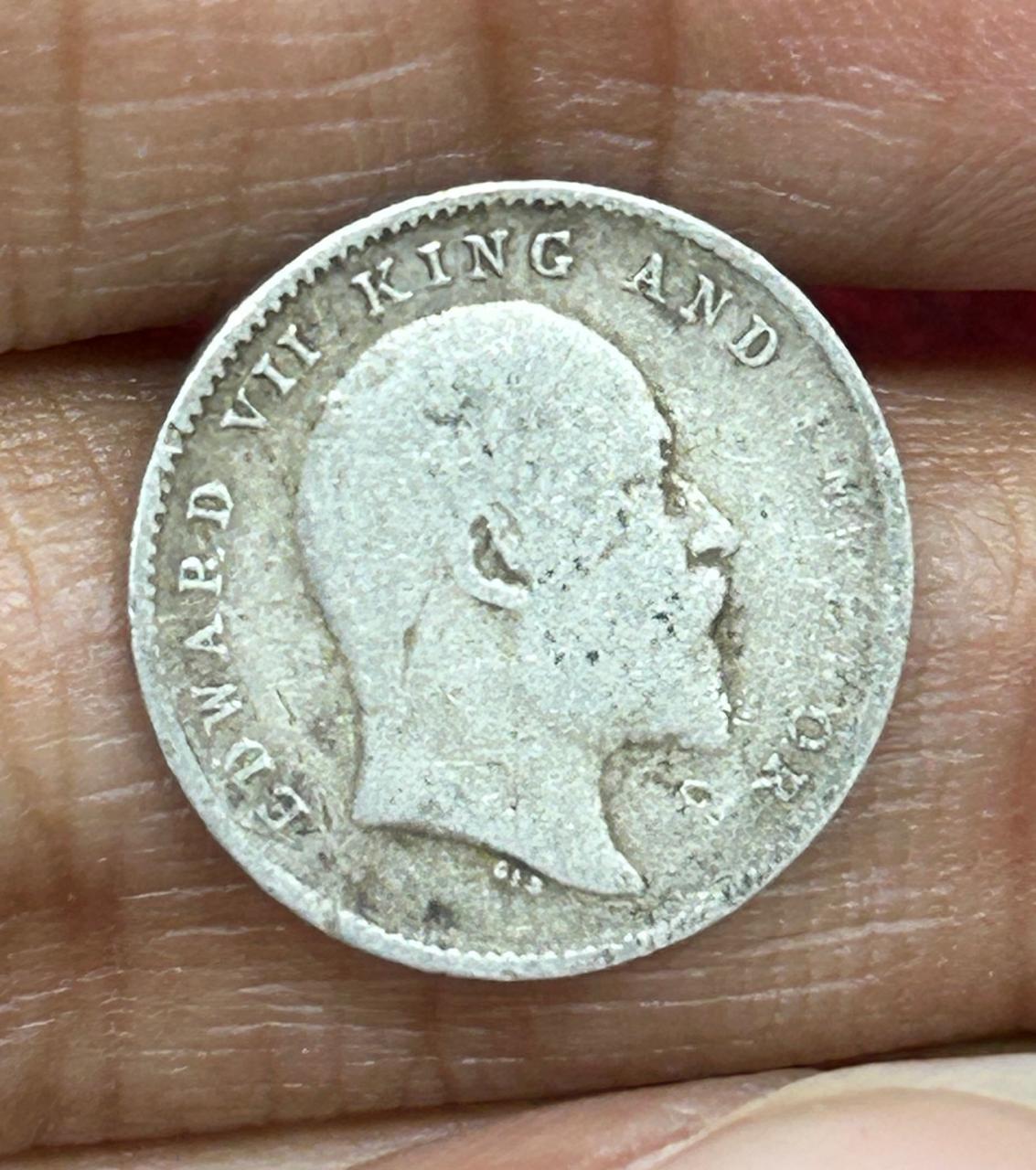 British-India 2 Annas 1907 - (Edward VII) Rare Silver Coin #E-267