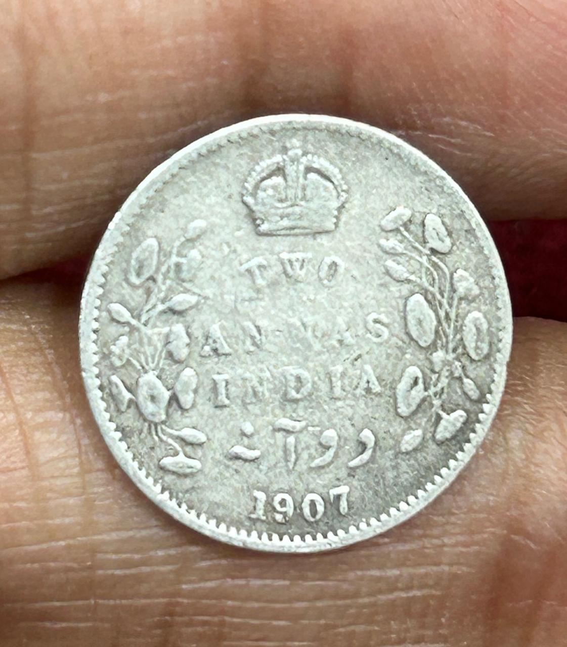British-India 2 Annas 1907 - (Edward VII) Rare Silver Coin #E-268