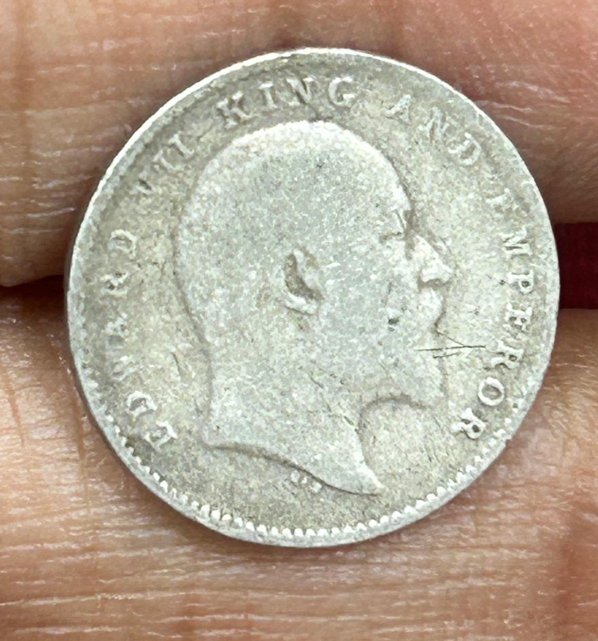 British-India 2 Annas 1907 - (Edward VII) Rare Silver Coin #E-268
