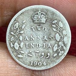 British-India 2 Annas 1904 (Edward VII) Rare Silver Coin #E-253