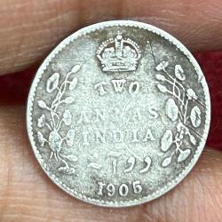British-India 2 Annas 1905 (Edward VII) Rare Silver Coin #E-254