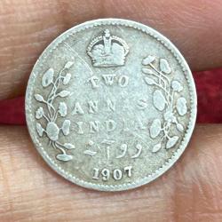 British-India 2 Annas 1907 (Edward VII) Rare Silver Coin #E-255