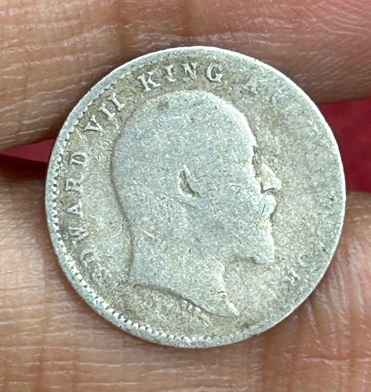 British-India 2 Annas 1907 (Edward VII) Rare Silver Coin #E-256