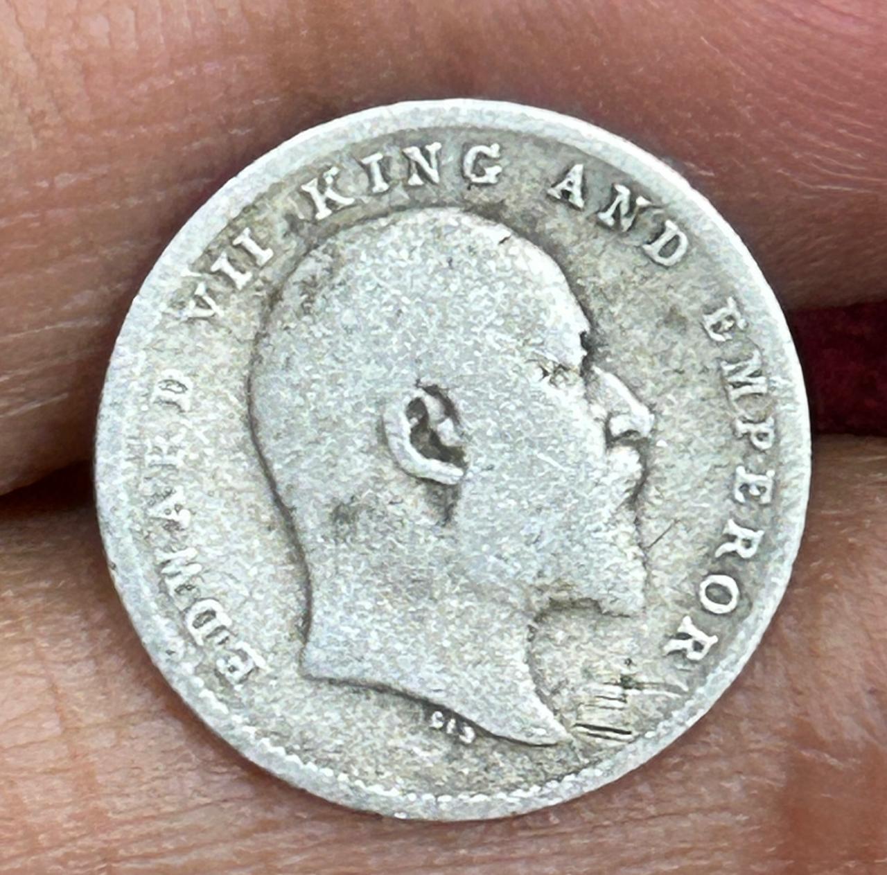 British-India 2 Annas 1910 (Edward VII) Rare Silver Coin #E-257