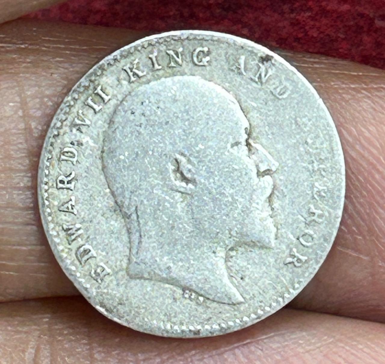 British-India 2 Annas 1907 (Edward VII) Rare Silver Coin #E-258