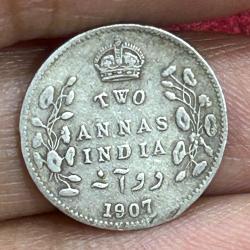 British-India 2 Annas 1907 (Edward VII) Rare Silver Coin #E-258