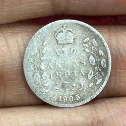 British-India 2 Annas 1905 (Edward VII) Rare Silver Coin #E-259