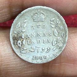 British-India 2 Annas 1906 (Edward VII) Rare Silver Coin #E-247