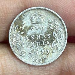 British-India 2 Annas 1907 (Edward VII) Rare Silver Coin #E-250