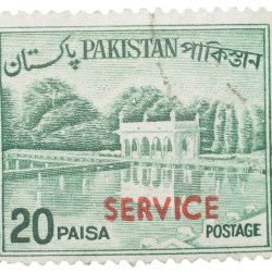 Old Postal Stamp of East Pakistan (Now Bangladesh) Green Colour with Shalimar Gardens (AD 1962) 'Service' Over Printed in Red Used Condition as per Image, Rare.