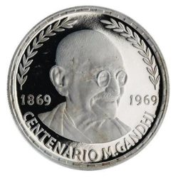 Reproduction Coin - 75 Pesetas Guineanas Mahatma Gandhi 1970 Commemorative UNC Beautiful Rare Silver Plated Coin