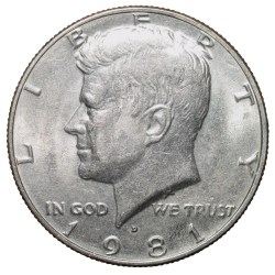 Alternative view of Copper-Nickel 1/2 Dollar of USA (AD 1981) with Portrait of John F. Kennedy About UNC Grade