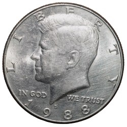 Copper-Nickel 1/2 Dollar of USA (AD 1988) with Portrait of John F. Kennedy About UNC