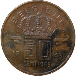 Alternative view of Old Bronze 50 Centimes of Belgium Country (AD 1953) with A Miner Scarce