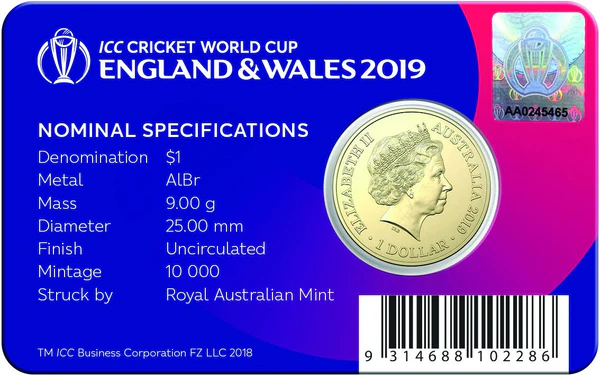 2019 Australia - 1 Dollar - ICC Cricket World Cup England & Wales Rare Coin Card