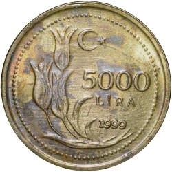Alternative view of Brass 5000 Lira of Turkey (AD 1999) with Head of Atatürk left