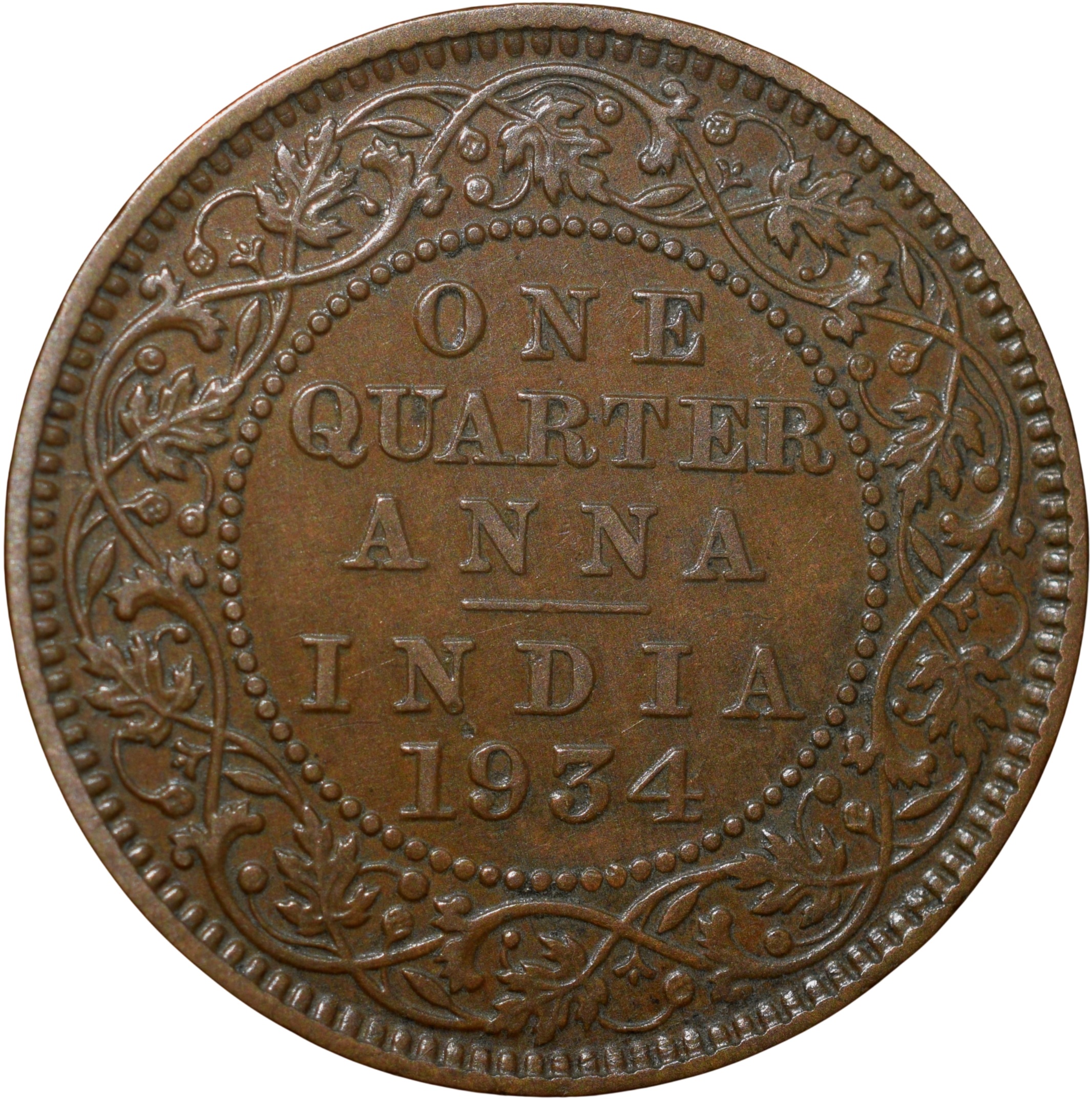 Bronze 1/4 Anna of George V (AD 1934) of Calcutta Mint