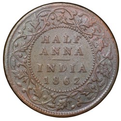 Alternative view of Copper 1/2 Anna of Victoria Queen (AD 1862) of Madras Mint Bust Type A Slanting Top 1 (PR # 577) Rare