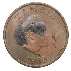 Alternative view of Bronze 1 Ngwee of Zambia Country (AD 1983) with Aardvark (Orycteropus afer) Mammal