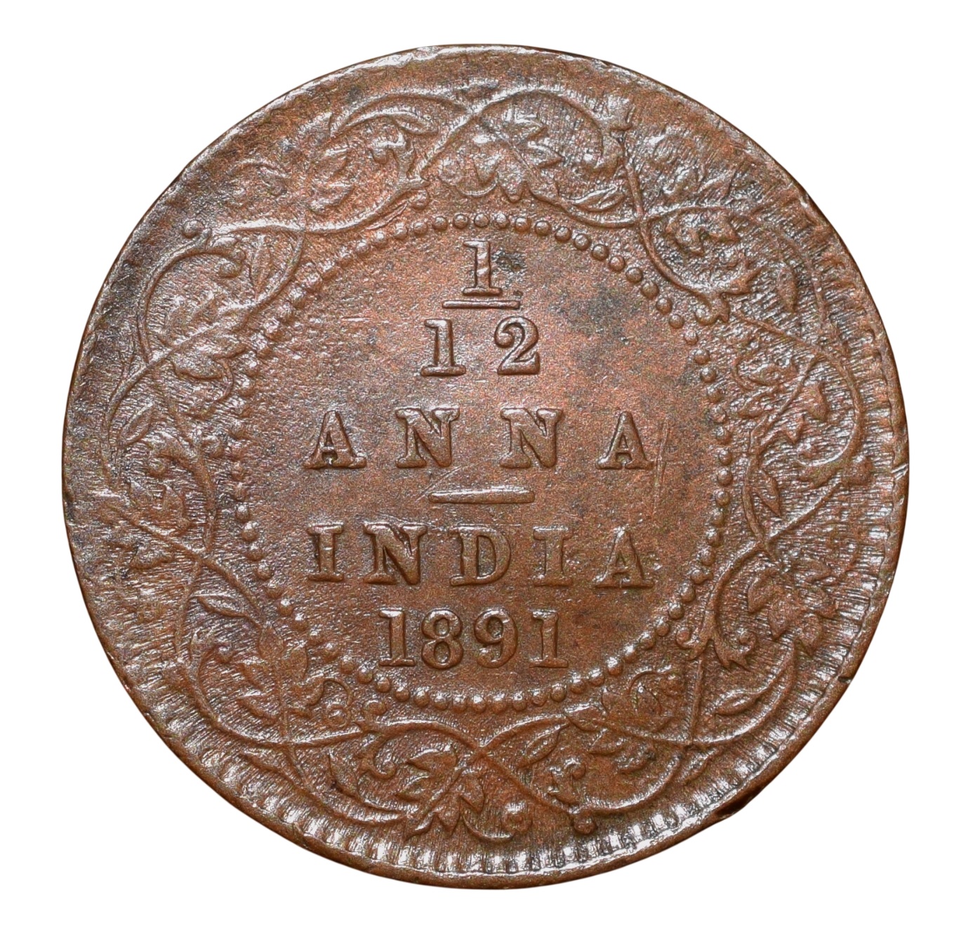 Copper 1/12 Anna of Victoria Empress (AD 1891) of Calcutta Mint Bust Type B Inverted 'V'