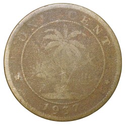 Alternative view of Old Nickel-Brass 1 Cent of Liberia (AD 1937) with Elephant/Palm Tree