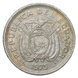 Nickel Coated Steel 20 Centavos of Ecuador (AD 1975) with coat of arms