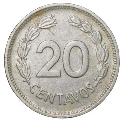 Alternative view of Nickel Coated Steel 20 Centavos of Ecuador (AD 1975) with coat of arms