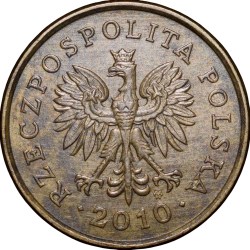 Brass 5 Groszy of Poland Country (AD 2010) with Crowned Eagle/An Oak Leaf