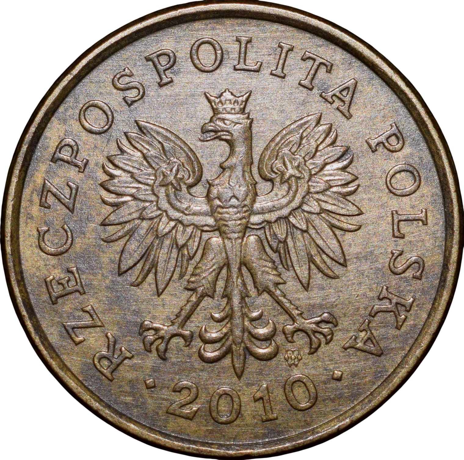 Brass 5 Groszy of Poland Country (AD 2010) with Crowned Eagle/An Oak Leaf