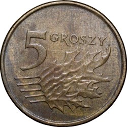 Alternative view of Brass 5 Groszy of Poland Country (AD 2010) with Crowned Eagle/An Oak Leaf