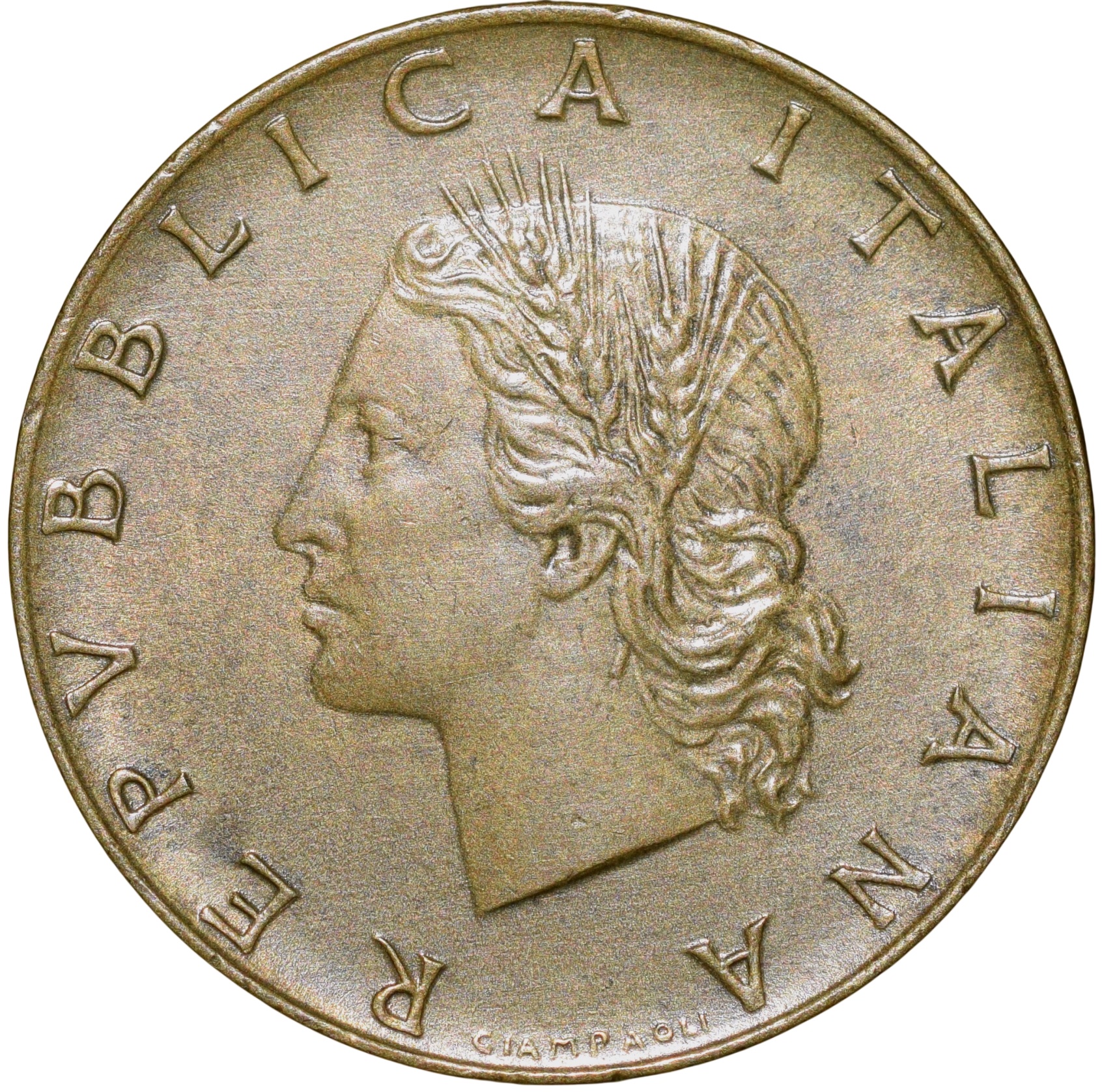Brass 20 Lira of Italy Country (AD 1980) with Oak Leaves About UNC Grade