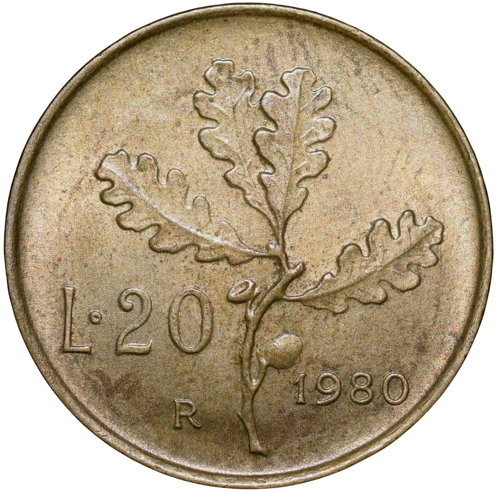 Brass 20 Lira of Italy Country (AD 1980) with Oak Leaves About UNC Grade