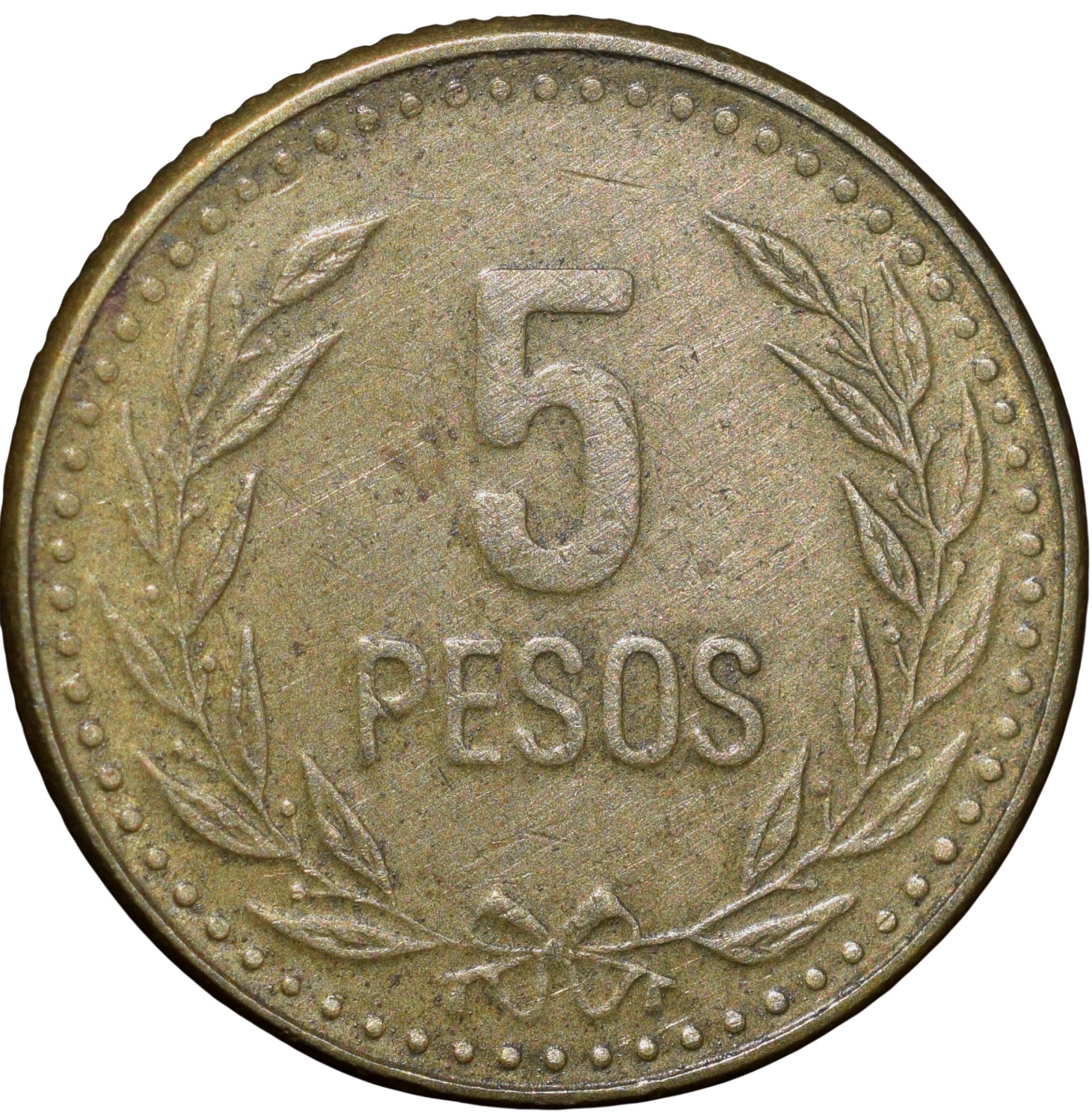 Brass 5 Pesos of Colombia Country (AD 1991)
