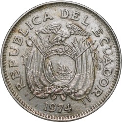 Nickel Coated Steel 20 Centavos of Ecuador (AD 1974) with coat of arms