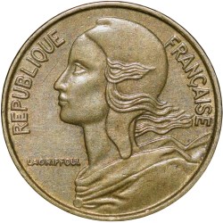 Brass 5 Centimes of France ( AD 1966) with Marianne face left