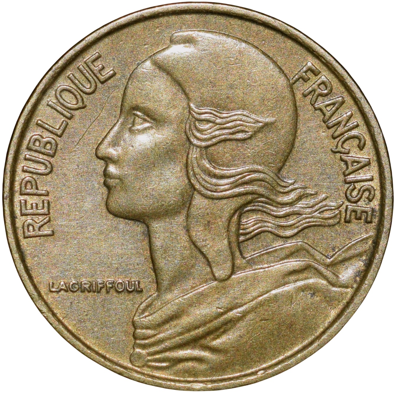 Brass 5 Centimes of France ( AD 1966) with Marianne face left