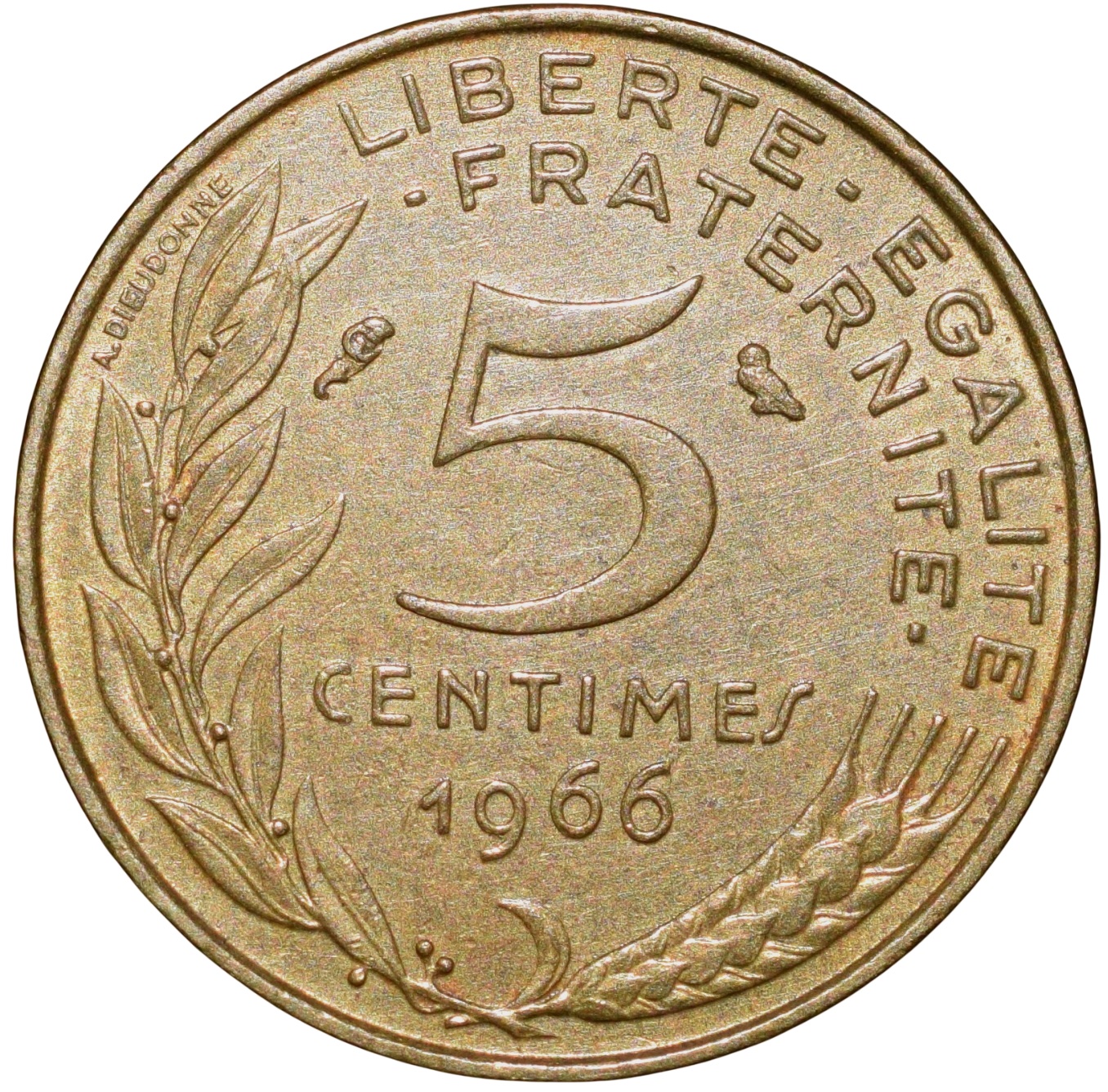 Brass 5 Centimes of France ( AD 1966) with Marianne face left - Image 2