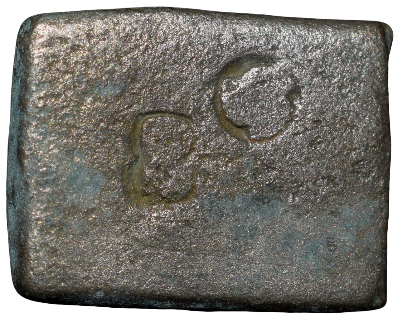 Debased Silver Punch Marked of Vidarbha Region (3rd - 2nd Cen. BC) with Triangular Headed, 6-Arched, Tree Railing & Swastik within square