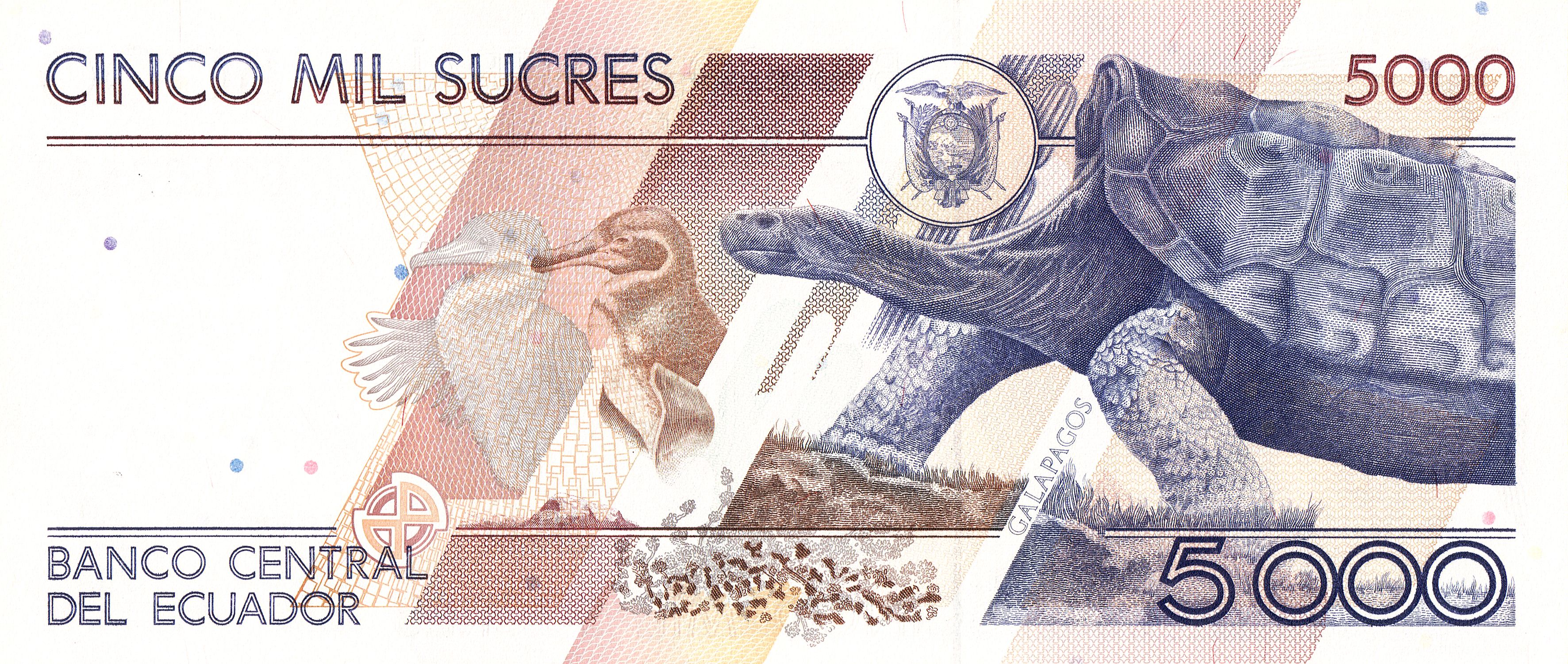 5000 Sucres of Ecuador Country (AD 1991) with Portrait of Juan Montalvo/Cormorant, Penguin and Galapagos Tortoise