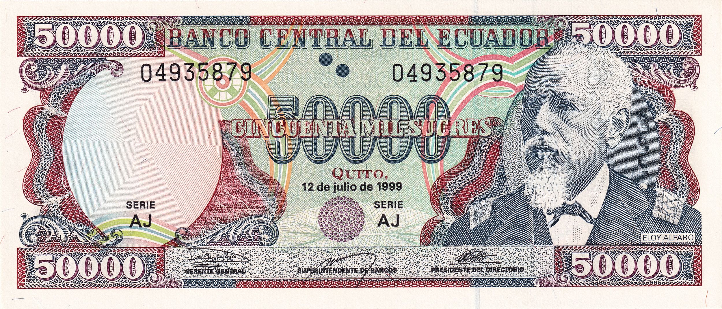 50,000 Sucres of Ecuador Country (AD 1999) with Portrait of Eloy Alfaro/National Coat of Arms of Ecuador